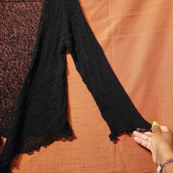 Black Sz Medium Sheer Lose Knit Tie Up Cardigan Stretch 3/4 Sleeve Light Sweater - Picture 7 of 9